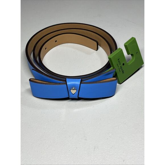 Kate Spade New York Leather Bow Belt with Spade Logo Riverside Blue & Gold - Picture 1 of 6